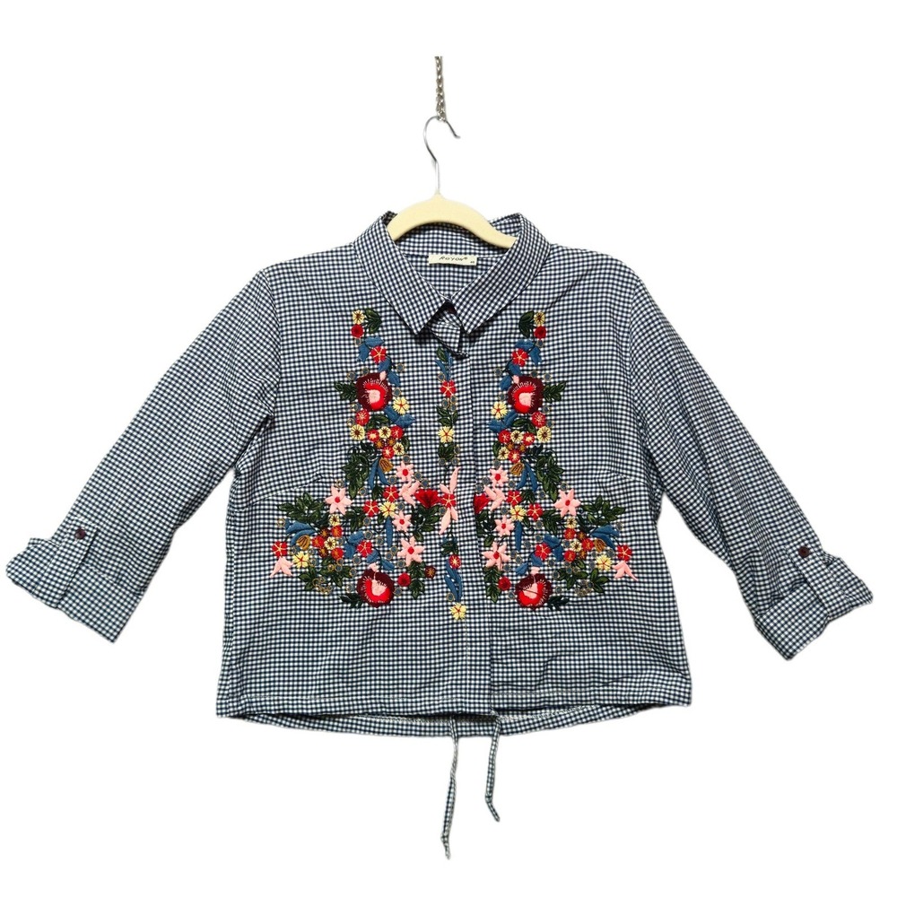 Gingham Peplum Blouse Womens Large Floral Embroidered Shirt Casual Boho‎